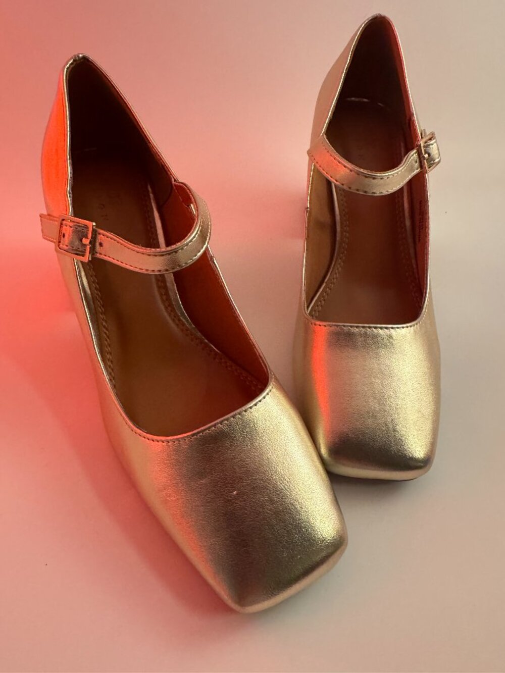 ASOS DESIGN Gold Metallic Mary Jane Block Heels Square Toe Buckle Pumps 7